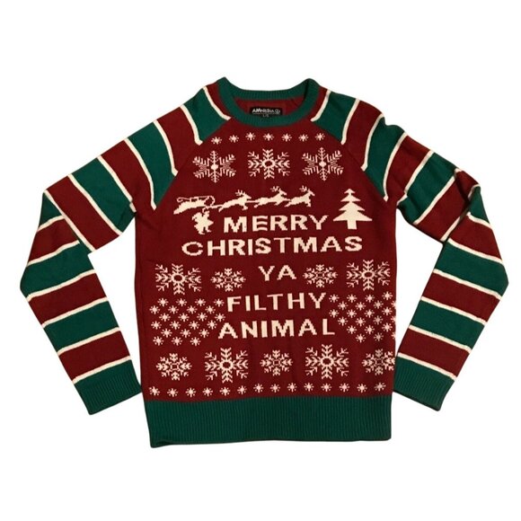 Amnesia L/G Merry Christmas Ya Filthy Animal Knit Ugly Christmas Sweater Striped - Picture 1 of 8